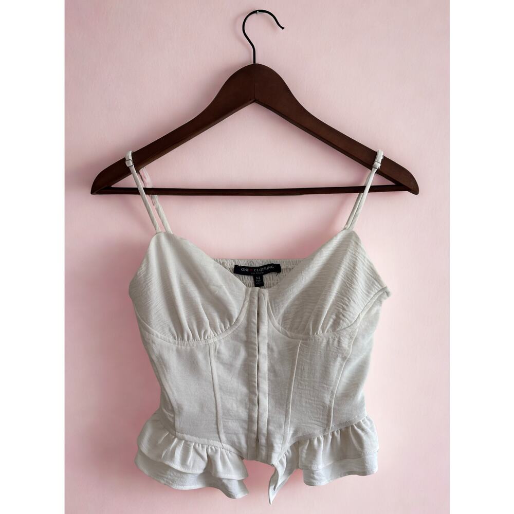 Women’s White Corset Style Ruffle Hem Top Size M— Y2K Aesthetic | Coquette Style